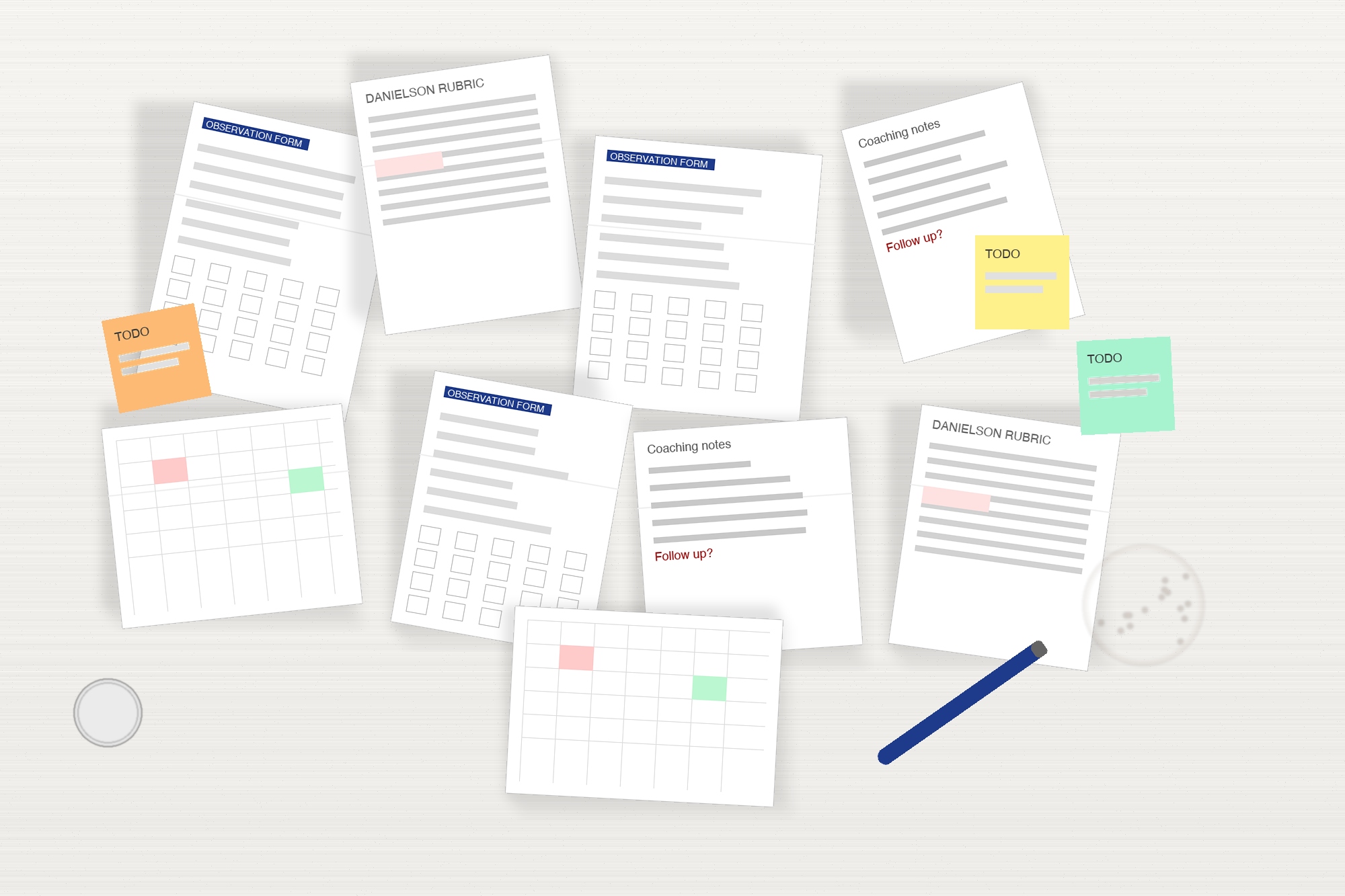 Scattered paper forms, rubrics, spreadsheets, and sticky notes representing the old observation workflow