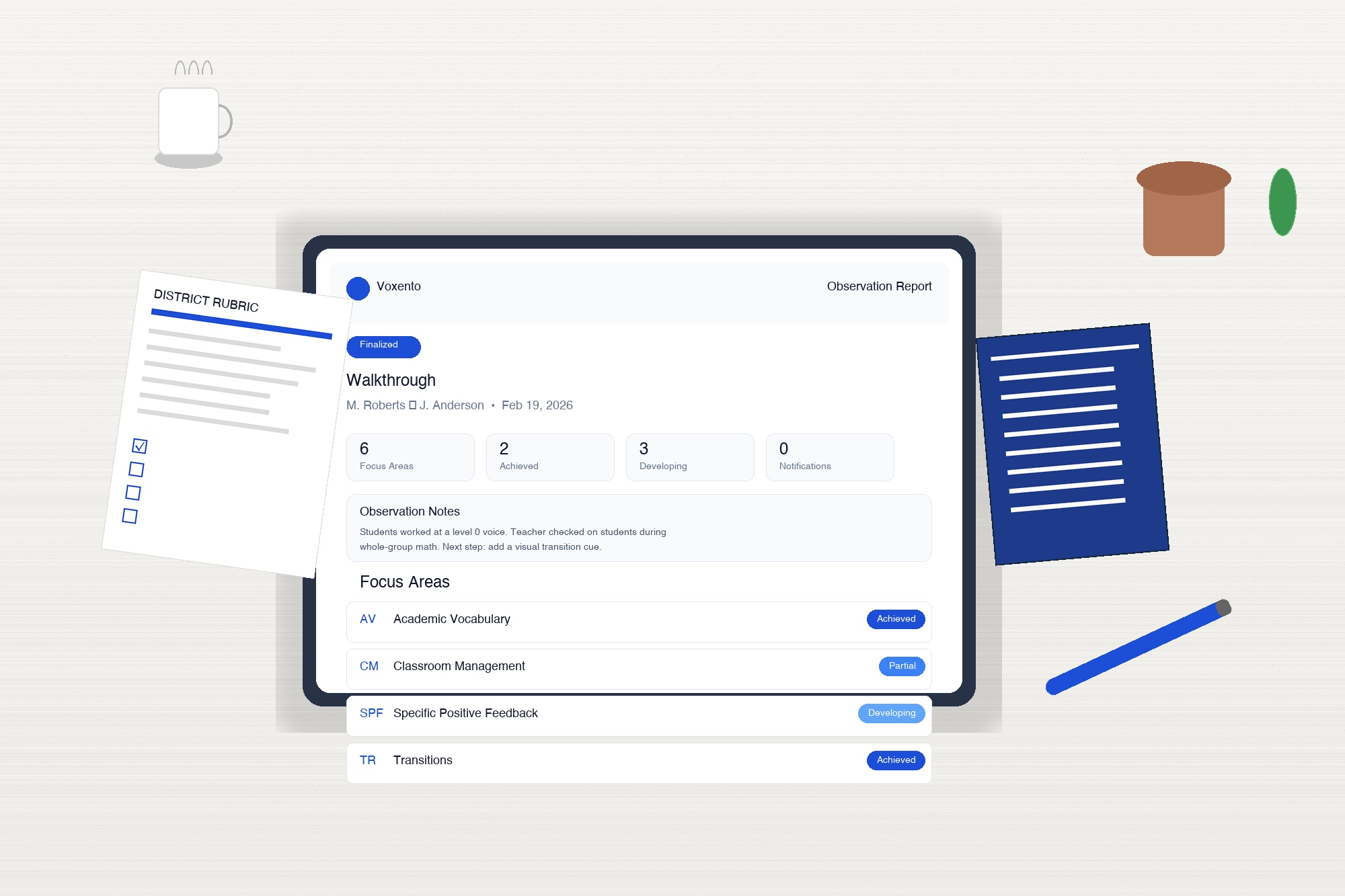 Clean Voxento workspace with scored criteria and shared next steps