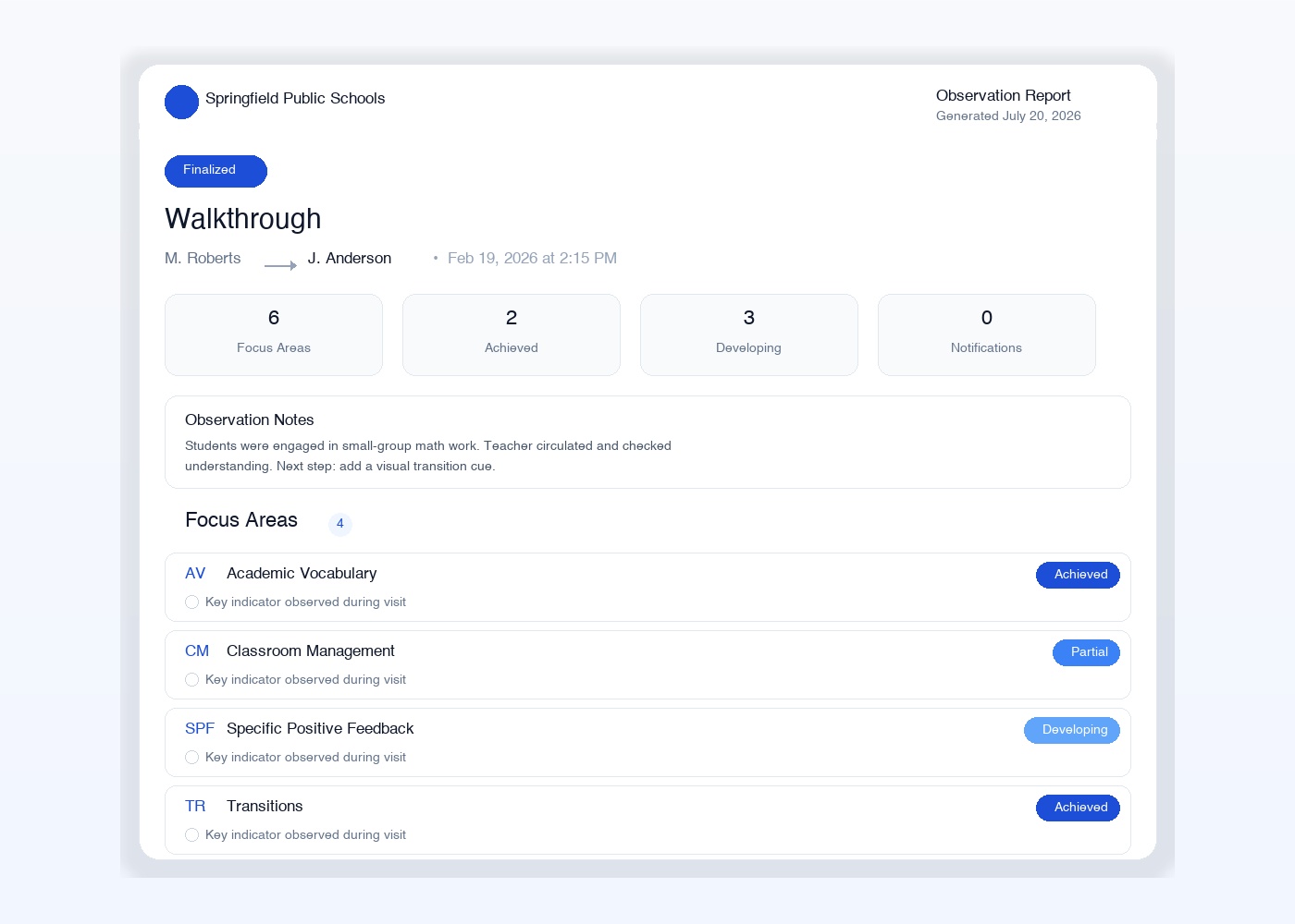 Voxento observation workspace showing scored criteria, evidence notes, and next steps